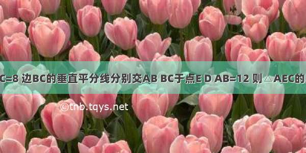 如图 △ABC中 AC=8 边BC的垂直平分线分别交AB BC于点E D AB=12 则△AEC的周长是________．