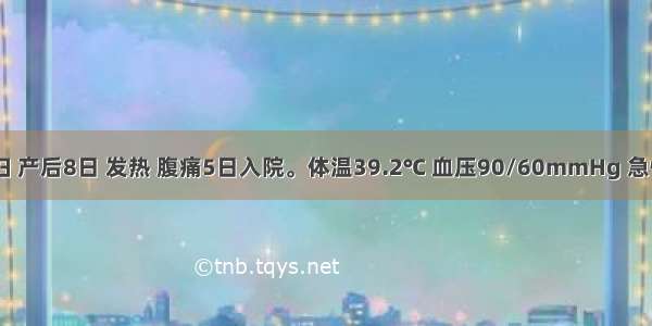 28岁产褥妇 产后8日 发热 腹痛5日入院。体温39.2℃ 血压90/60mmHg 急性痛苦病容