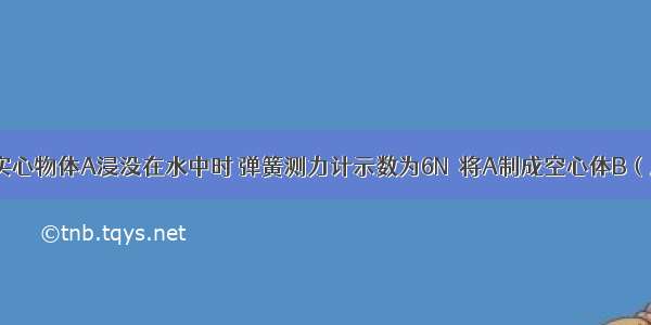 如图所示 实心物体A浸没在水中时 弹簧测力计示数为6N．将A制成空心体B（质量不变）