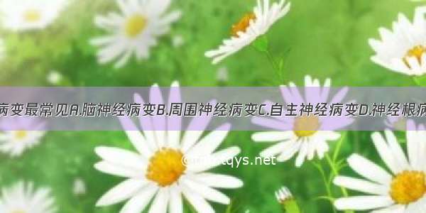 糖尿病神经病变最常见A.脑神经病变B.周围神经病变C.自主神经病变D.神经根病变E.脊髓病