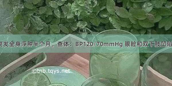 男性 15岁 突发全身浮肿半个月。查体：BP120/70mmHg 眼睑和双下肢凹陷性水肿 尿蛋