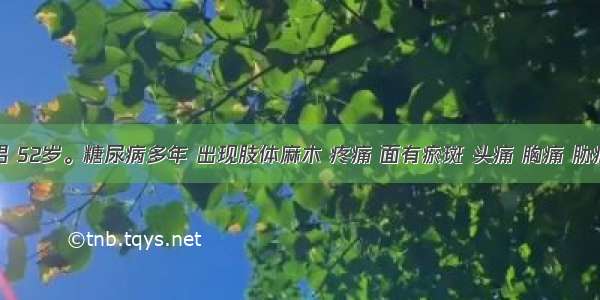 患者 男 52岁。糖尿病多年 出现肢体麻木 疼痛 面有瘀斑 头痛 胸痛 胁痛 半身