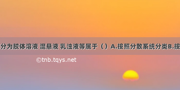 将液体制剂分为胶体溶液 混悬液 乳浊液等属于（）A.按照分散系统分类B.按照物态分类