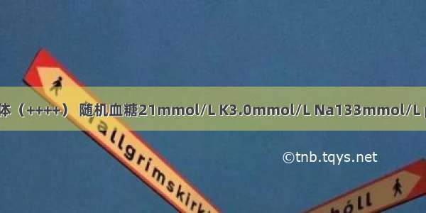 患者尿糖（++++） 尿酮体（++++） 随机血糖21mmol/L K3.0mmol/L Na133mmol/L pH7.28 COCP:16mmol