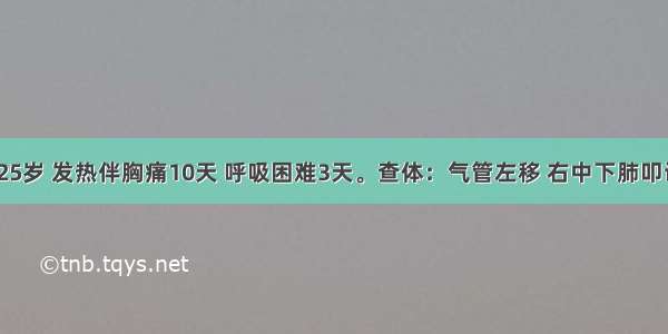 患者 男 25岁 发热伴胸痛10天 呼吸困难3天。查体：气管左移 右中下肺叩诊呈实音