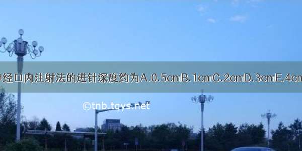 上牙槽后神经口内注射法的进针深度约为A.0.5cmB.1cmC.2cmD.3cmE.4cmABCDE