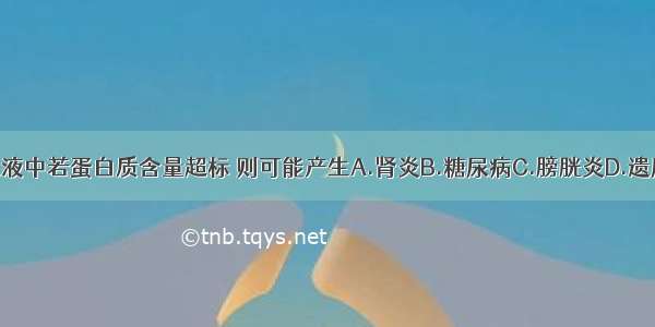 尿液中若蛋白质含量超标 则可能产生A.肾炎B.糖尿病C.膀胱炎D.遗尿