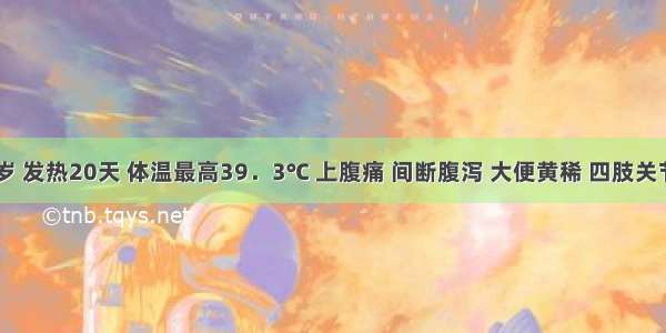 女 20岁 发热20天 体温最高39．3℃ 上腹痛 间断腹泻 大便黄稀 四肢关节疼痛 