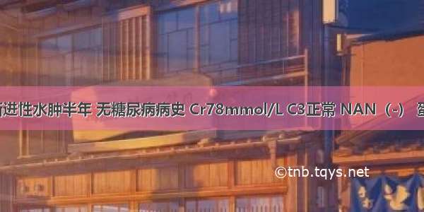 男 54岁 渐进性水肿半年 无糖尿病病史 Cr78mmol/L C3正常 NAN（-） 蛋白尿(++)