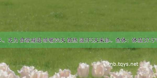 男 25岁。乏力 食欲减退 咳嗽20天 低热 盗汗5天来诊。查体：体温37.5℃ 心 肺