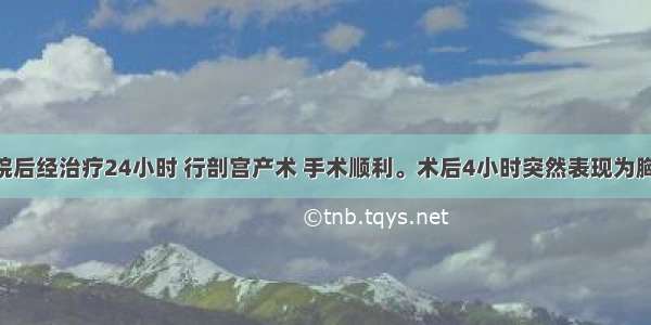 患者于入院后经治疗24小时 行剖宫产术 手术顺利。术后4小时突然表现为胸闷 呼吸困