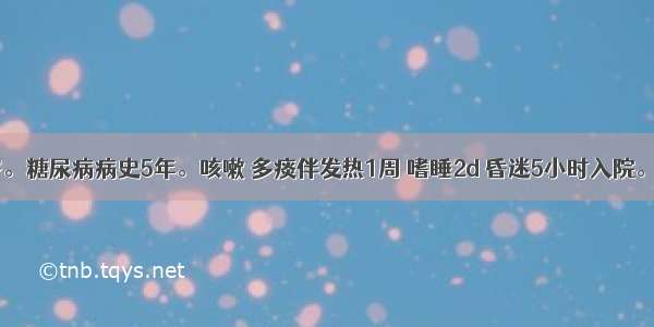 女性 71岁。糖尿病病史5年。咳嗽 多痰伴发热1周 嗜睡2d 昏迷5小时入院。体检：中