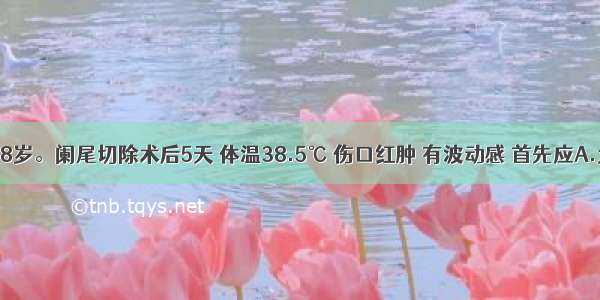 患者男 38岁。阑尾切除术后5天 体温38.5℃ 伤口红肿 有波动感 首先应A.大剂量抗