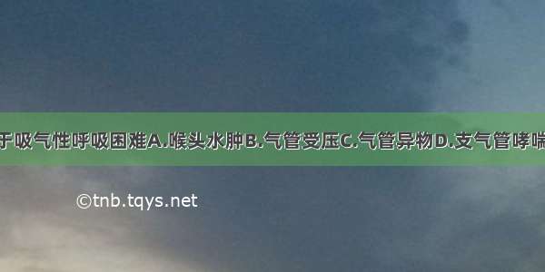 下列哪项不属于吸气性呼吸困难A.喉头水肿B.气管受压C.气管异物D.支气管哮喘E.喉癌ABCDE