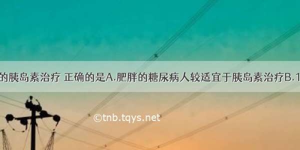 关于糖尿病的胰岛素治疗 正确的是A.肥胖的糖尿病人较适宜于胰岛素治疗B.1型糖尿病人