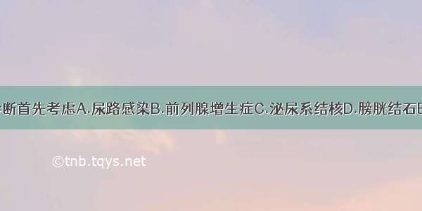 该病例临床诊断首先考虑A.尿路感染B.前列腺增生症C.泌尿系结核D.膀胱结石E.泌尿系肿瘤