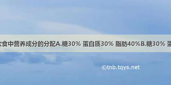 糖尿病患儿饮食中营养成分的分配A.糖30% 蛋白质30% 脂肪40%B.糖30% 蛋白质40% 脂