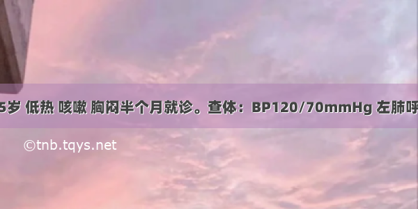 患者 男 25岁 低热 咳嗽 胸闷半个月就诊。查体：BP120/70mmHg 左肺呼吸音减弱 