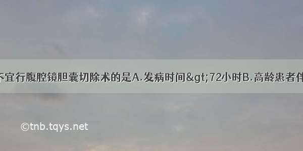 急性胆囊炎 不宜行腹腔镜胆囊切除术的是A.发病时间>72小时B.高龄患者伴有糖尿病 发