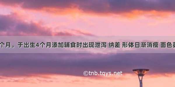 患儿 10个月。于出生4个月添加辅食时出现泄泻 纳差 形体日渐消瘦 面色萎黄 毛发