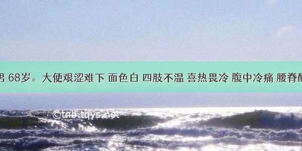 患者 男 68岁。大便艰涩难下 面色白 四肢不温 喜热畏冷 腹中冷痛 腰脊酸冷 小