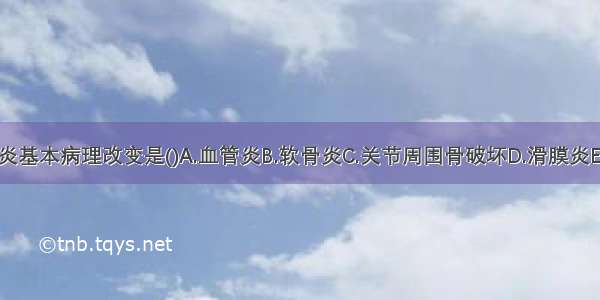 类风湿关节炎基本病理改变是()A.血管炎B.软骨炎C.关节周围骨破坏D.滑膜炎E.关节周围软