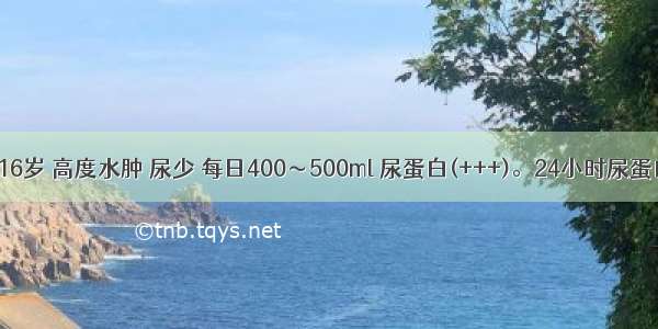 患者 男 16岁 高度水肿 尿少 每日400～500ml 尿蛋白(+++)。24小时尿蛋白量8g 