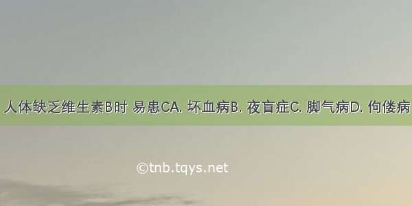 人体缺乏维生素B时 易患CA. 坏血病B. 夜盲症C. 脚气病D. 佝偻病