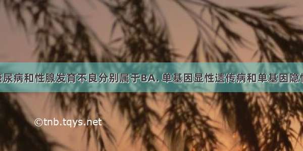 青少年型糖尿病和性腺发育不良分别属于BA. 单基因显性遗传病和单基因隐性遗传病B. 