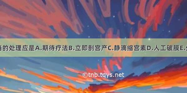 本例最恰当的处理应是A.期待疗法B.立即剖宫产C.静滴缩宫素D.人工破膜E.外转胎位术