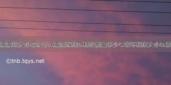 单选题地震震级大小取决于A.震源深浅B.释放能量多少C.破坏程度大小D.震中距远近