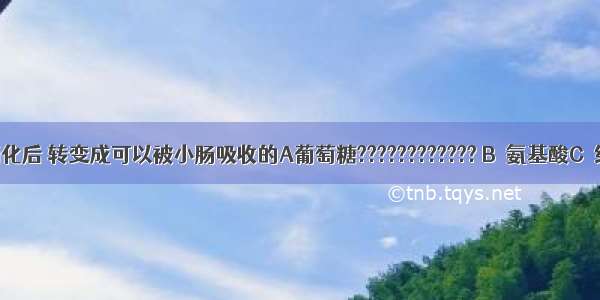 蛋白质经消化后 转变成可以被小肠吸收的A葡萄糖???????????? B．氨基酸C．纤维素???