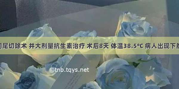 急症行阑尾切除术 并大剂量抗生素治疗 术后8天 体温38.5℃ 病人出现下腹坠痛 里