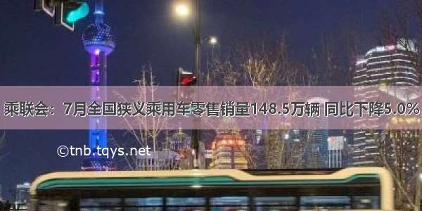 乘联会：7月全国狭义乘用车零售销量148.5万辆 同比下降5.0%