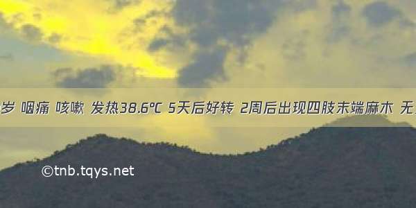 患者 19岁 咽痛 咳嗽 发热38.6℃ 5天后好转 2周后出现四肢末端麻木 无力 渐加