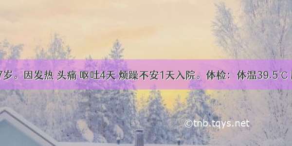 患者 男 7岁。因发热 头痛 呕吐4天 烦躁不安1天入院。体检：体温39.5℃ 脉搏125