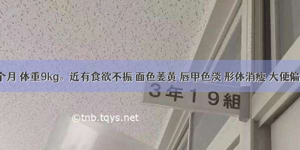 患儿 9个月 体重9kg。近有食欲不振 面色萎黄 唇甲色淡 形体消瘦 大便偏稀 舌淡