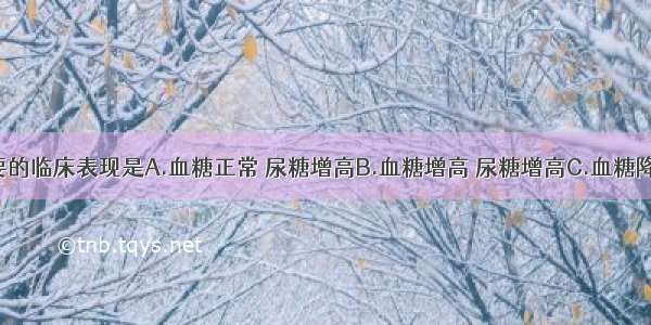 糖尿病主要的临床表现是A.血糖正常 尿糖增高B.血糖增高 尿糖增高C.血糖降低 尿糖正