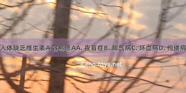 人体缺乏维生素A 容易患AA. 夜盲症B. 脚气病C. 坏血病D. 佝偻病