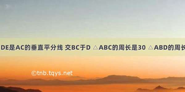 如图 在△ABC中 DE是AC的垂直平分线 交BC于D △ABC的周长是30 △ABD的周长为20 求AE的长．