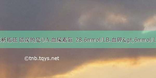 慢性肾衰竭的透析指征 错误的是()A.血尿素氮≥28.6mmol/LB.血钾>6mmol/LC.尿毒症心包