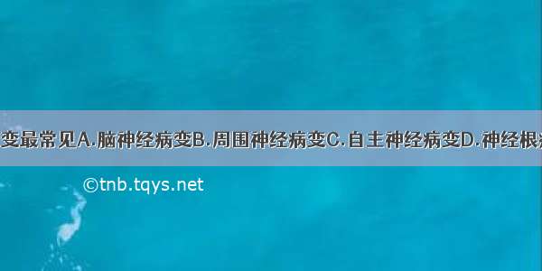 糖尿病神经病变最常见A.脑神经病变B.周围神经病变C.自主神经病变D.神经根病变E.脊髓病