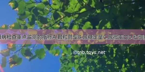 早期糖尿病肾病检查重点监测的指标A.颗粒管型B.尿糖定量C.尿微蛋白D.红细胞E.24小时尿