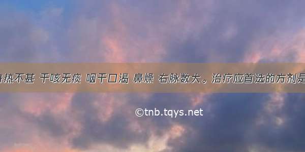 某患者 身热不甚 干咳无痰 咽干口渴 鼻燥 右脉数大。治疗应首选的方剂是A.清燥救