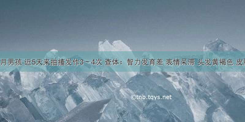 10个月男孩 近5天来抽搐发作3～4次 查体：智力发育差 表情呆滞 头发黄褐色 皮肤