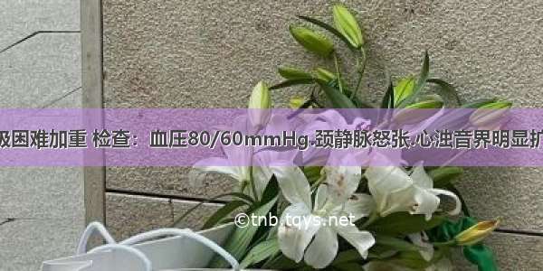 患者突感呼吸困难加重 检查：血压80/60mmHg.颈静脉怒张.心浊音界明显扩大 心音低而