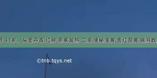 患者 男 41岁。头面丹毒 红肿 恶寒发热 口渴 便秘溲黄 舌红苔黄 脉洪数。其证