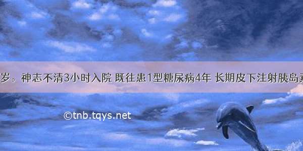 患者男 23岁。神志不清3小时入院 既往患1型糖尿病4年 长期皮下注射胰岛素 近4天因