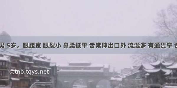 患儿 男 5岁。眼距宽 眼裂小 鼻梁低平 舌常伸出口外 流涎多 有通贯掌 合并先