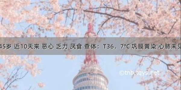 女性 45岁 近10天来 恶心 乏力 厌食 查体：T36．7℃ 巩膜黄染 心肺未见异常 